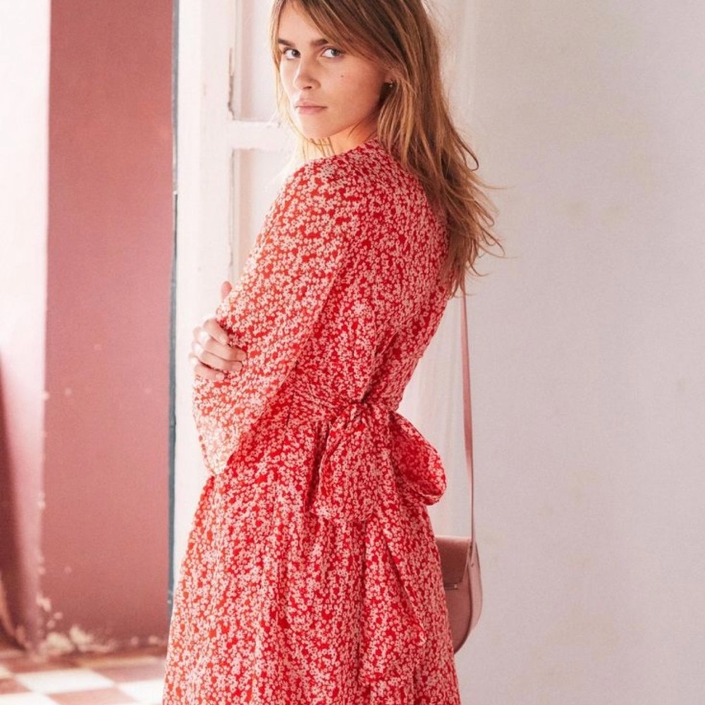 Sezane Robe Ambroise Floral Red Dress Fr 36, US 4 or Size Small